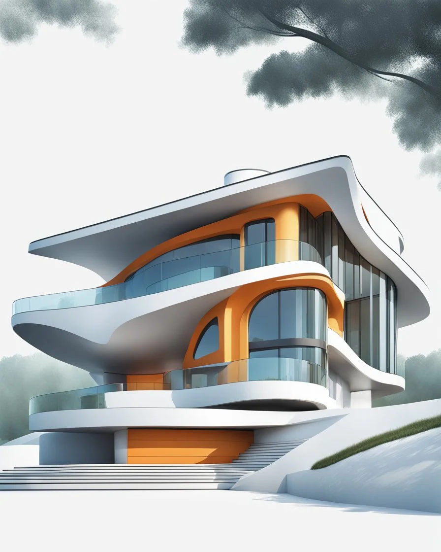 Dibujo realista de casa campestre, estilo Zaha Hadid, calidad ultra, hiperdetallado, 8k, colores complementarios, cuerpo completo, 3D