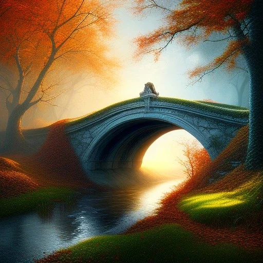 ultra realism, bridge over ravine in autumn,white radiating horse, fantasy art, spray paint