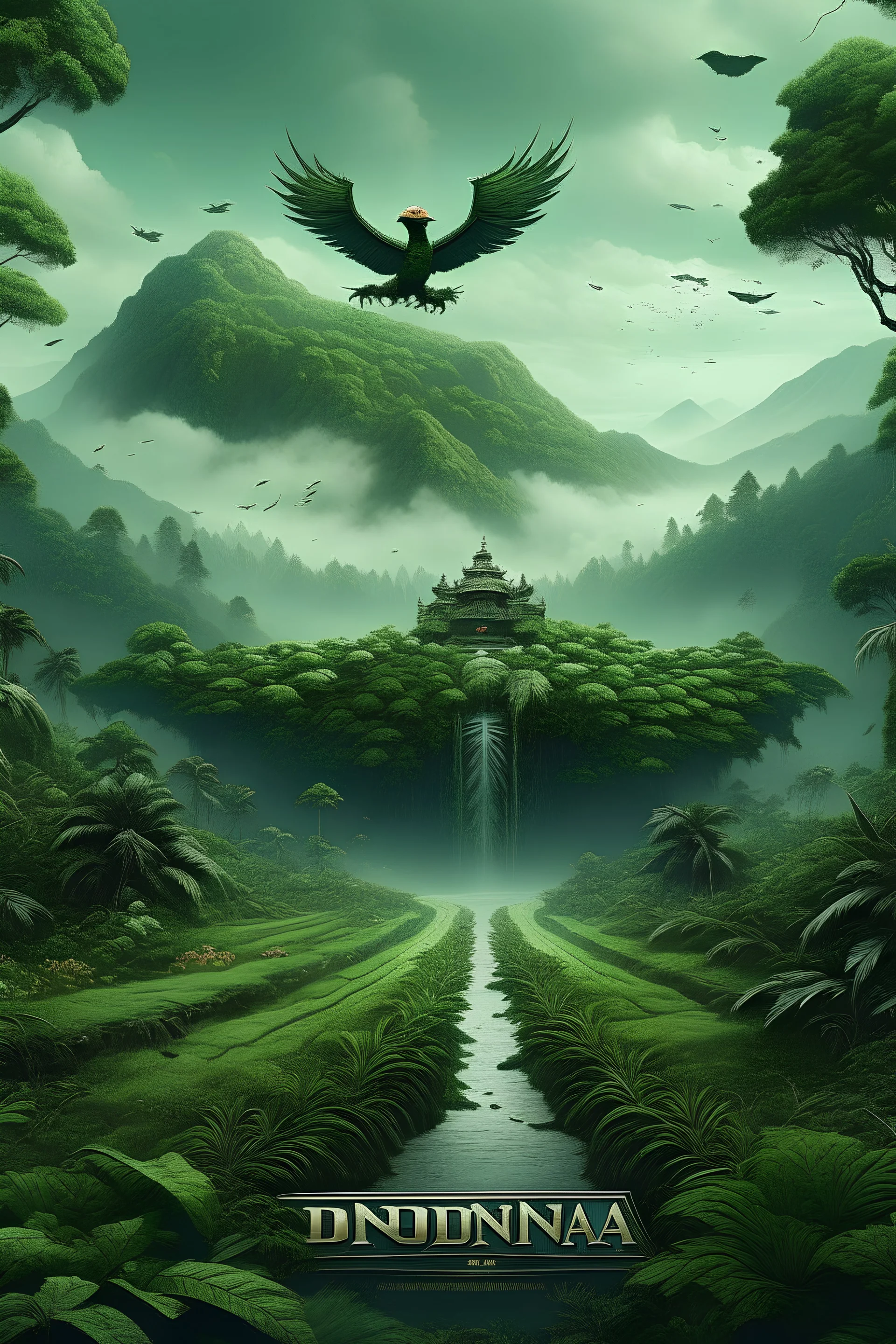 Create a realistic image of giant garuda bird, standing amidst a lush green landscape with the text “INDONESIA” written in bold white letters prominently displayed. The surrounding area is lush and green, filled with tall trees and plants. There’s fog or mist surrounding the base, giving it an ethereal look. There is a highway filled with cars that can be seen in front of this text; it looks busy but not crowded or congested. In the background are mountains or large rocks protruding from an expa