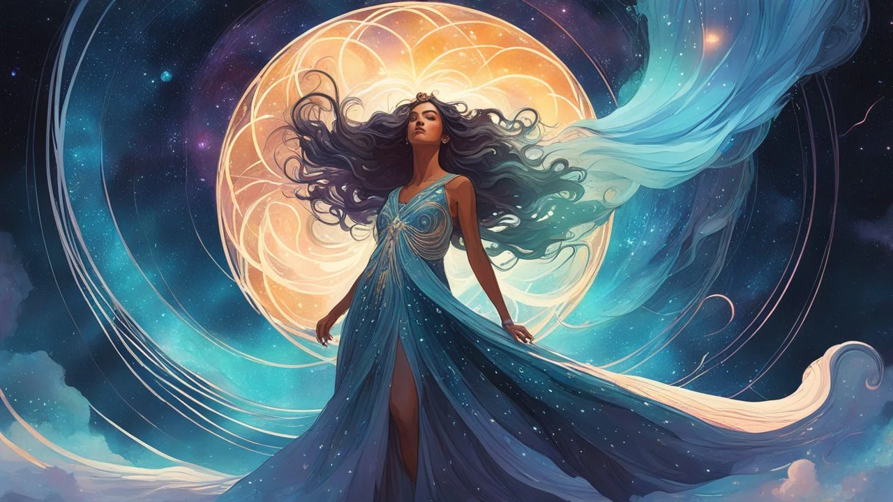 A cosmic goddess emerging from a swirling nebula, eyes filled with ancient wisdom and starlight, hair cascading like liquid galaxies adorned with shimmering constellations, dressed in a flowing, star-studded gown. A digital painting in the style of Alphonse Mucha, Syd Mead and Simon Stalenhag, with luminous brushstrokes, intricate detail and volumetric lighting, mixing elements of Art Nouveau and science fiction, hyper-detailed, ethereal and divine. masterpiece, 8k resolution, dark fantasy conce