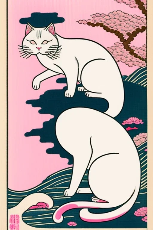 ukiyo-e style print of a white cat with a human body wearing a soft pink yukata and walking by the sea