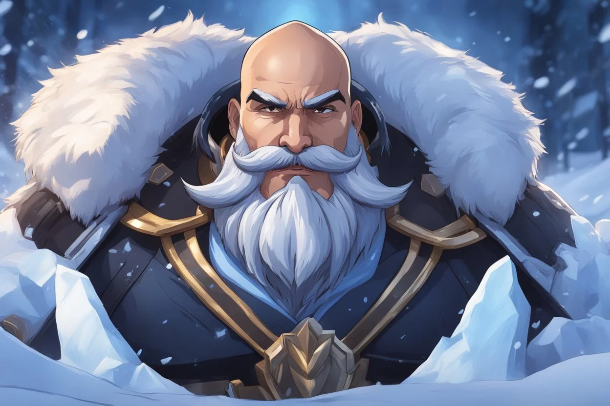 Happy Braum in 8k solo leveling shadow drawing style, big Moustache, Bald, ice winter, intricate details, highly detailed, high details, detailed portrait, masterpiece,ultra detailed, ultra quality