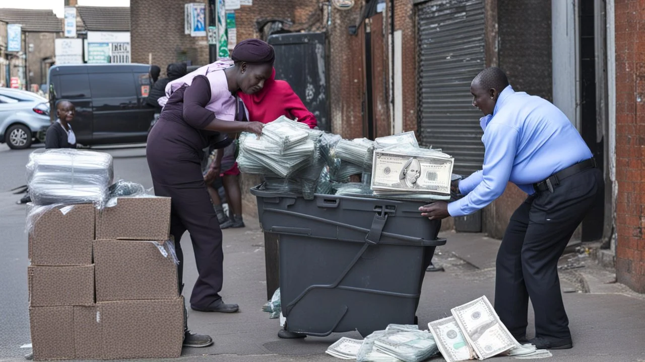 woman hands the bundles of cash her mobile phone provider's located across the street from a high crime area