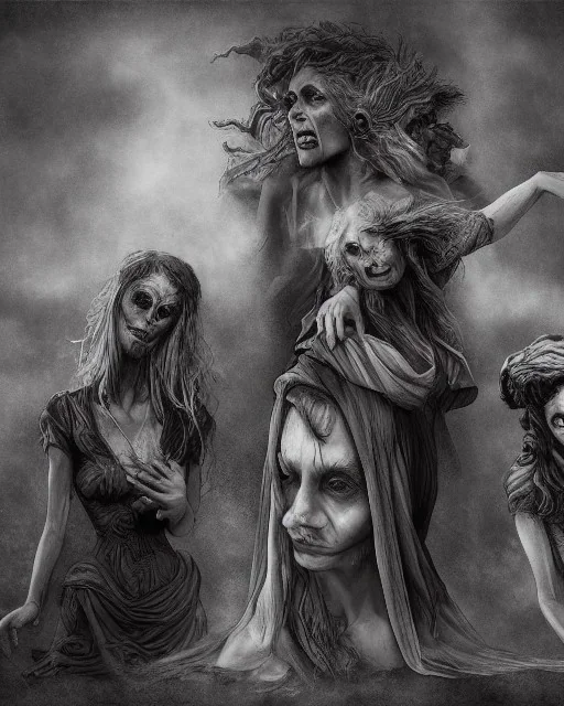 the three blind witches, portraits, Greek mythology, passing the eyeball between them, 8k resolution concept art, dynamic lighting, intricately detailed, hyperdetailed, gothic, creepy, unsettling, disfigured