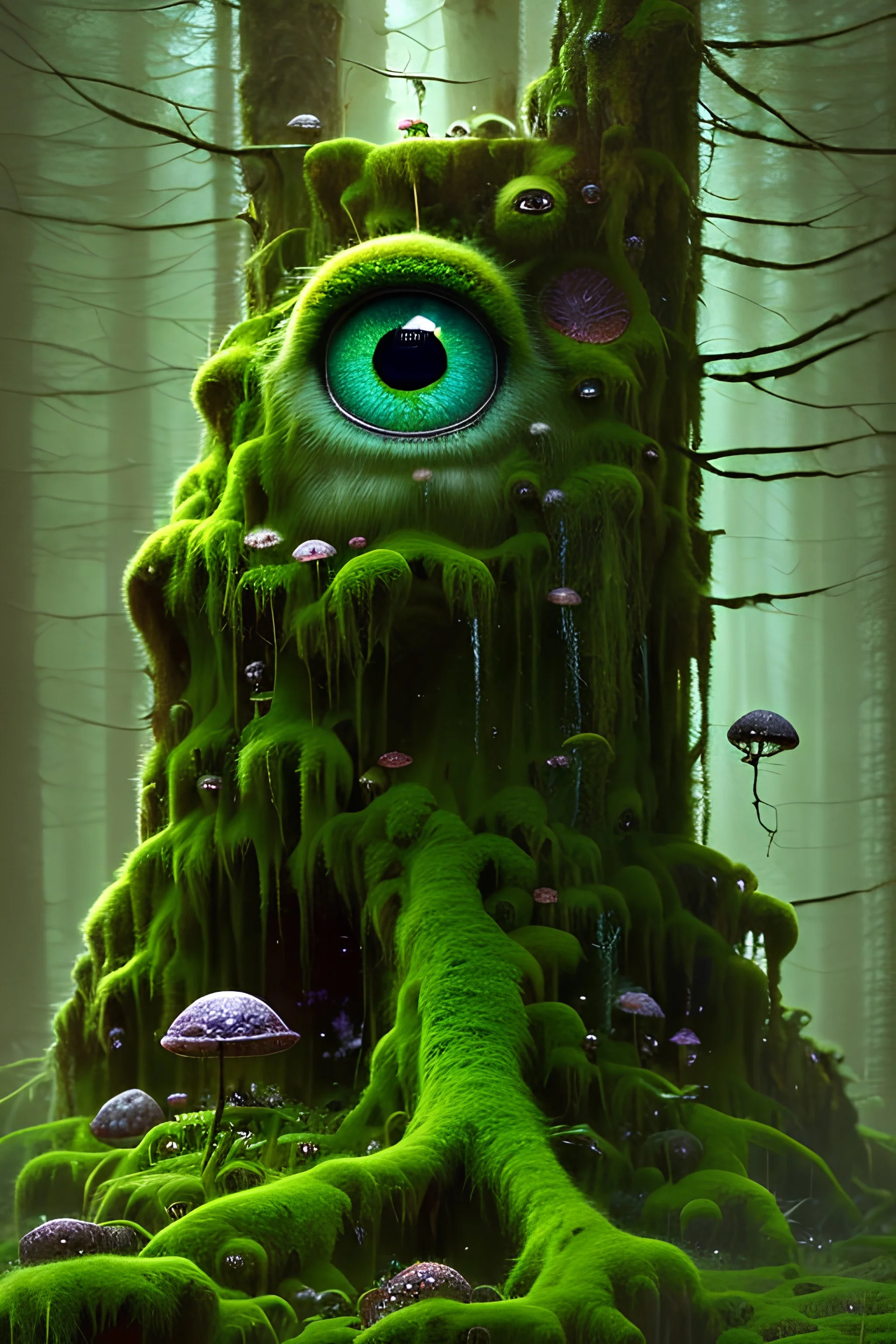 A very cute moss nymphomaniac creature, with big eyes, reflection in eyes, magical mossy forest, full figure, whole body, Art by Norman Rockwell, digital art, trending on artstation, high contrast, deep color, magical