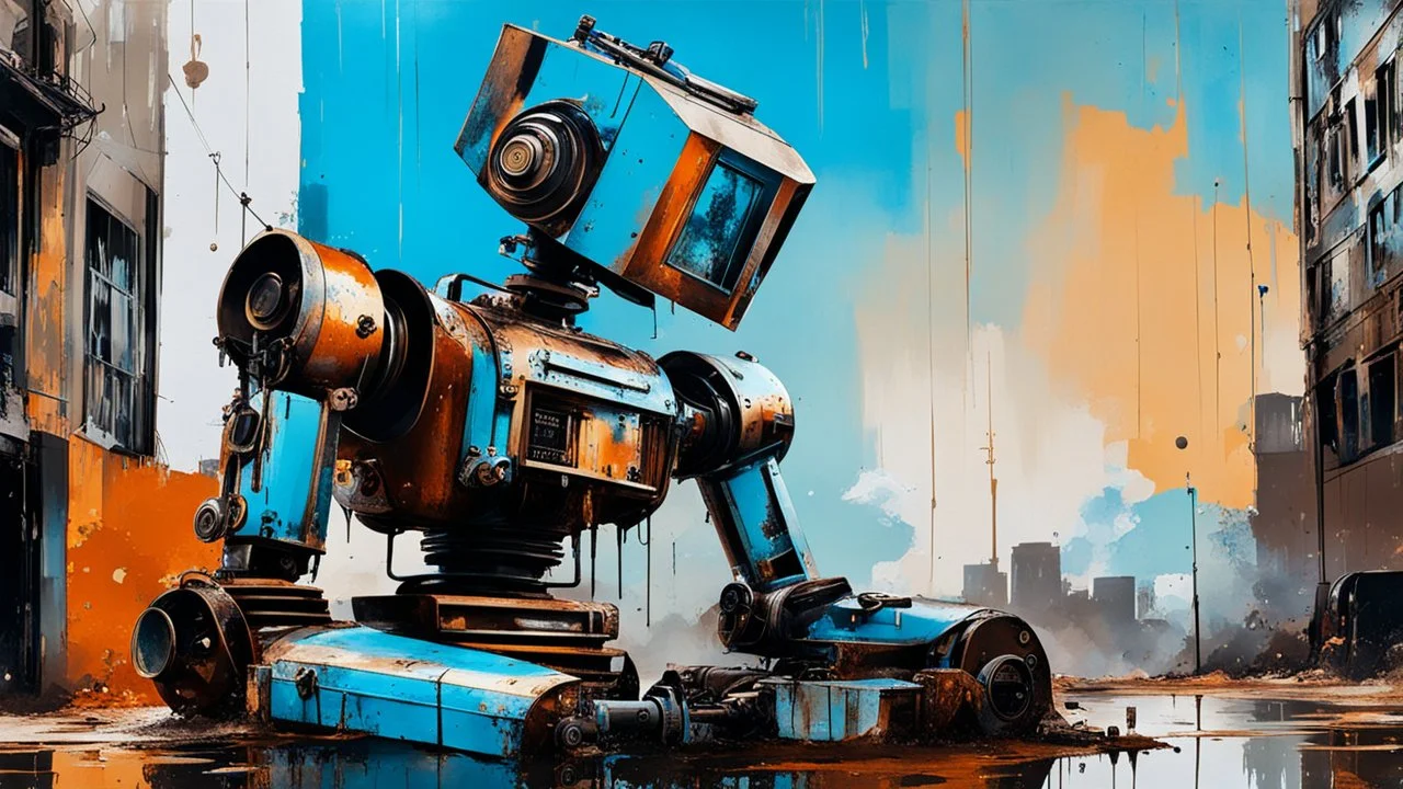 urban decay and crazy rusty scrappy robot drinking coffee, pseudo photo-realism, negative space, amazing reflections, excellent parallels, great verticals, juxtaposition shock, wet print, ink leak, colors of light sky blue and beige and black, whole body visible