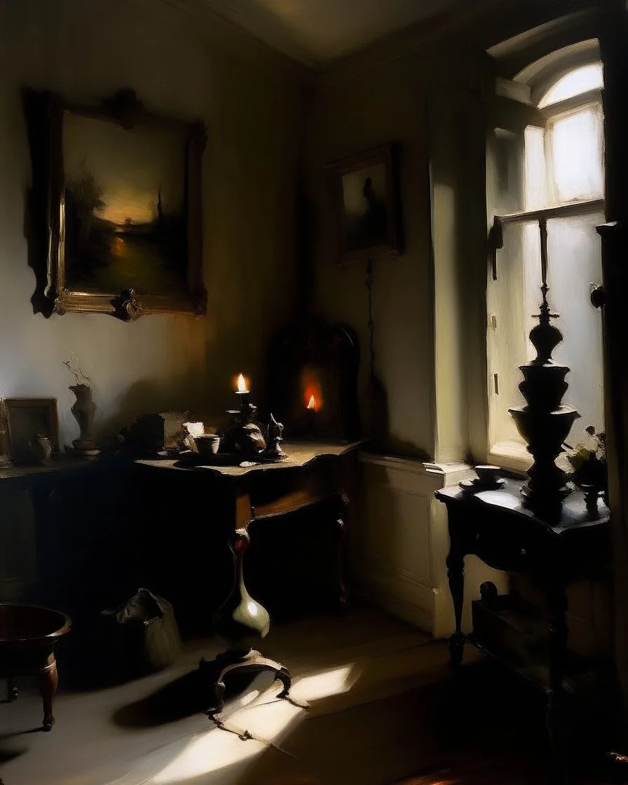 A dark witch's room with a shadow cauldron painted by John Singer Sargent