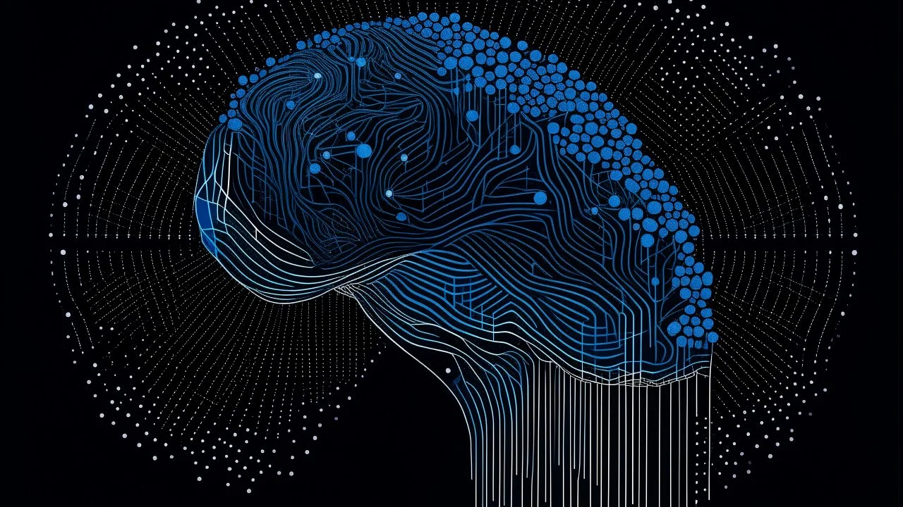 Illustration by Kuniyoshi with blue colors and dark background of a digital brain made of points and lines. Do cérebro surgem ligações a ícones de ferramentas digitais.