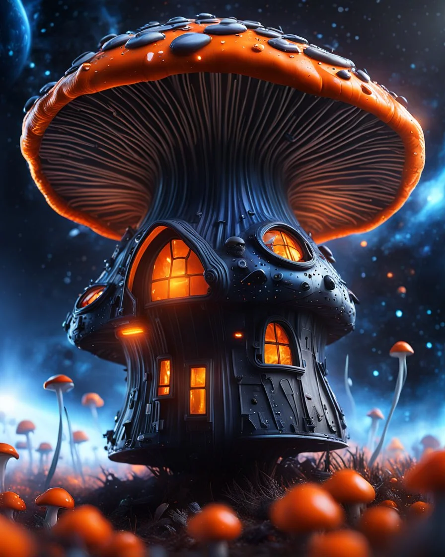 A weird floating mushroom house in galactic space. black blue orange and white, Dark cosmic interstellar. Detailed Matte Painting, deep color, fantastical, intricate detail, splash screen, hyperdetailed, insane depth, concept art, 8k resolution, trending on Artstation, Unreal Engine 5, color depth, backlit, splash art, dramatic, High Quality Whimsical Fun Imaginative unusual, good composition