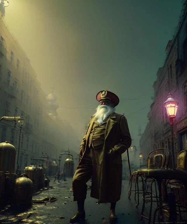 Surreal, steampunk, cabaret scene. Russian old man. Sweat, rain, smoking, happy, hot, color fog, people background, highly detailed, concept art, unreal engine 5, god rays, ray tracing, RTX, lumen lighting, ultra detail, volumetric lighting, 3d, finely drawn, high definition, high resolution.