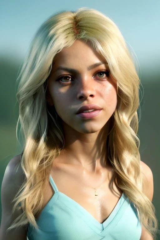 Shakira, artist, 30 years old, Realistic image, waist up portrait, blonde, loose long hair, eyes make up, perfect, glow, circle iris. concept art, smooth, unreal engine 5, god lights, ray tracing, RTX, lumen lighting, ultra detail, volumetric lighting, 3d, finely drawn, high definition, 4k.