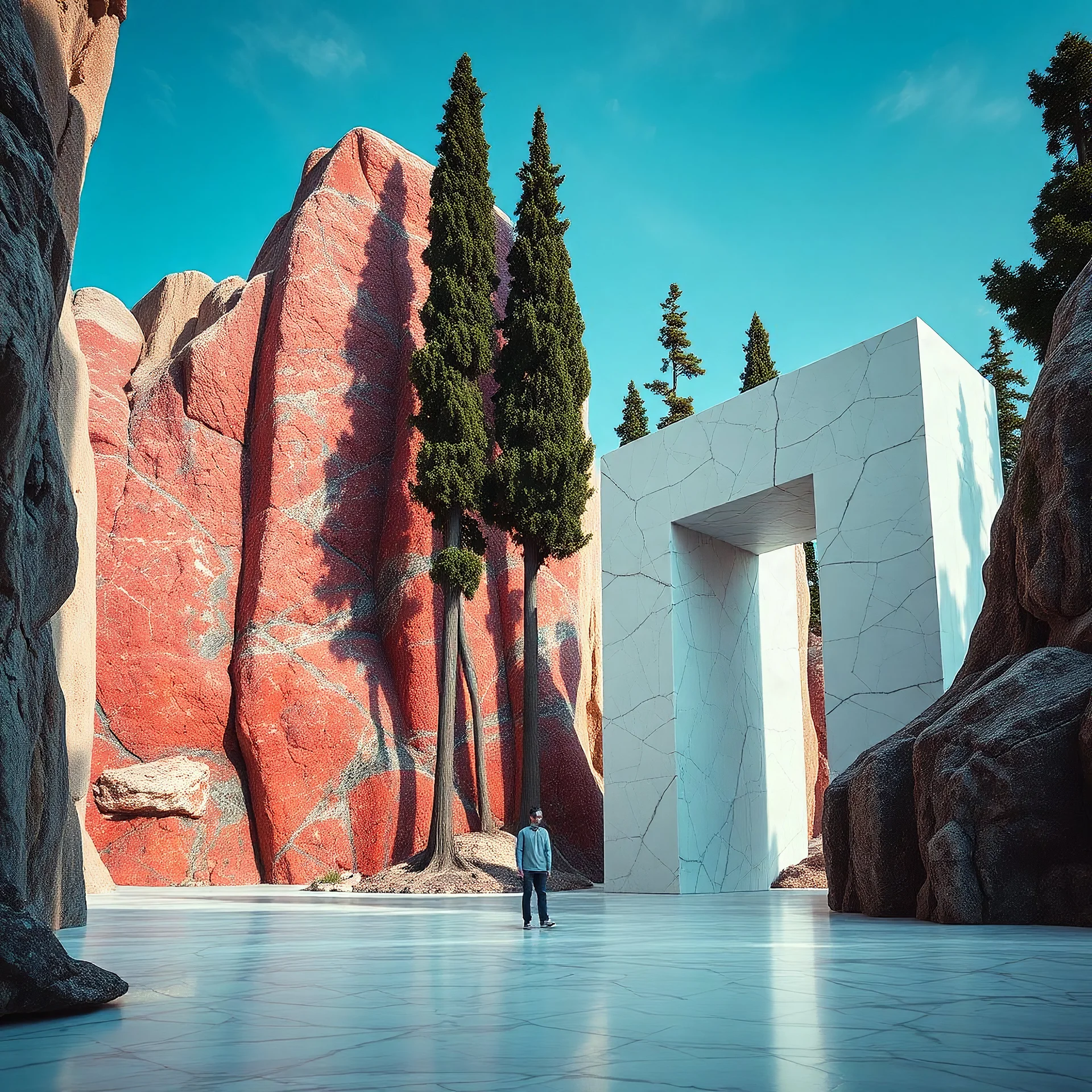 Un'immagine di un paesaggio naturale surreale con pareti di marmo rosso e blu, imponenti, accanto a strutture artificiali. Queste strutture sono blocchi rettangolari riflettenti, che creano un contrasto tra il naturale e l'artificiale. Elementi brutalisti enormi si ergono solitari. Persona osserva. bianco con venature e solchi. Alberi alti. La scena trasmette un senso di dialogo tra elementi organici. Dettagli delle rocce molto accentuati. Pavimento di marmo. Cielo blu. Fastidioso