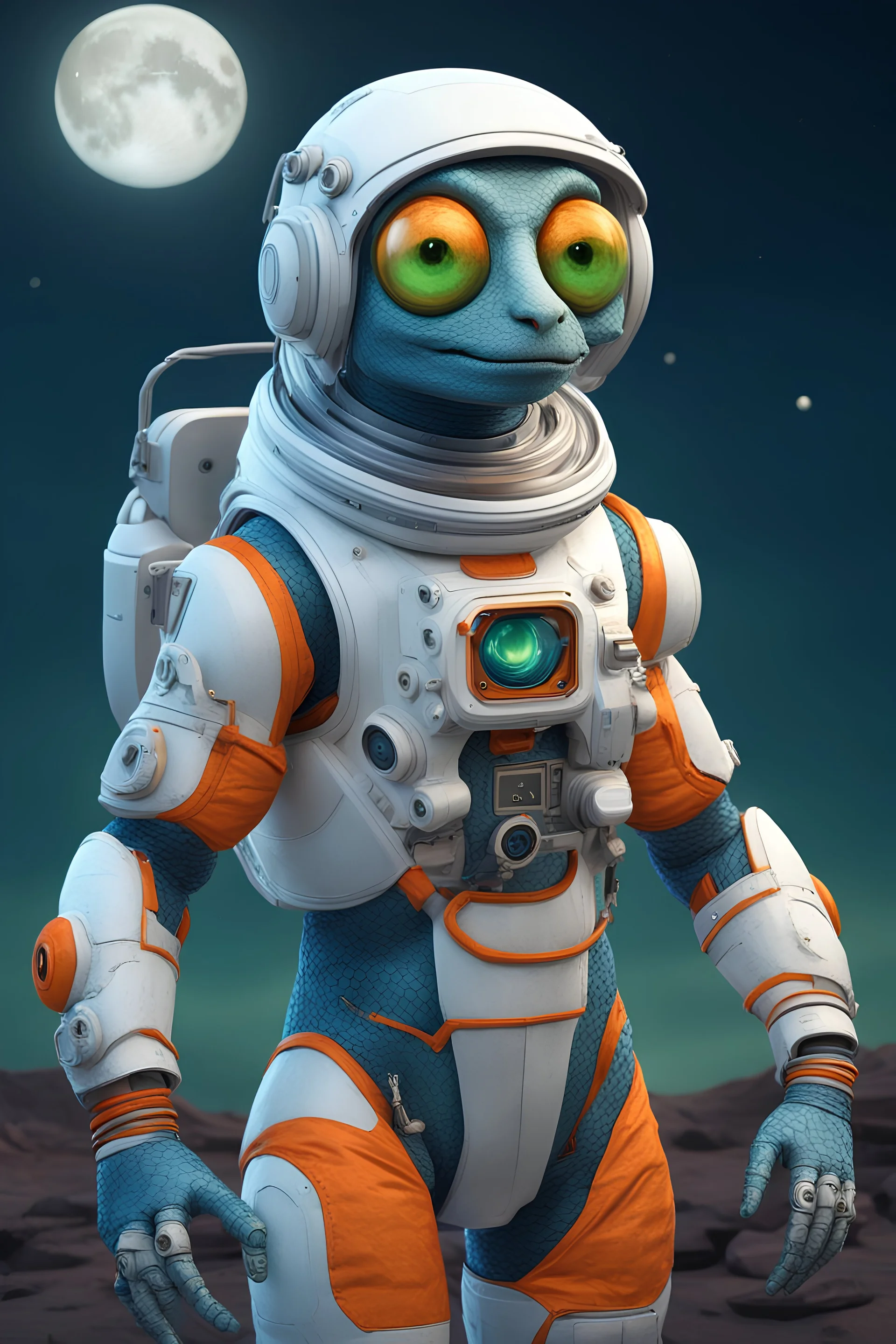 Astronauta reptil color azul, de ojos verdes saltones, cabello anaranjado y con accesorios tecnológicos. Plano cuerpo entero. Luna de fondo.