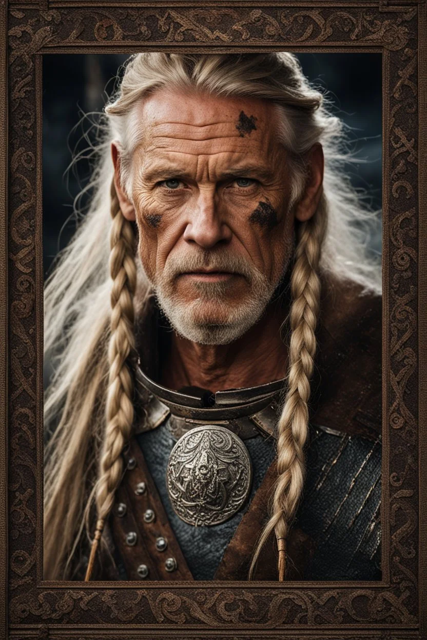 portrait of a 60-year-old viking , long blond hair with Two braids hung down neatly in front of his ears. Rugged face with a scar. blonde beard, fantasy