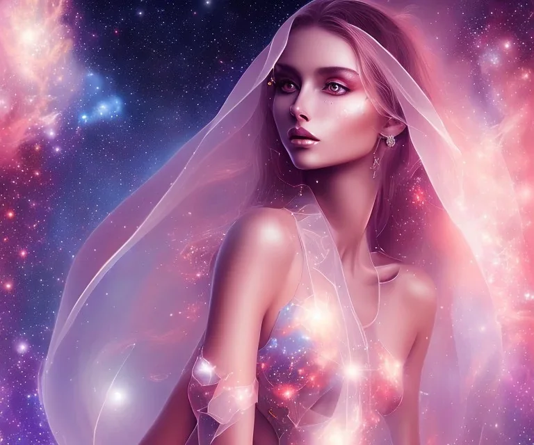 ambiente cosmico, stelle luminose, donne bellissime vestite di veli trasparenti corpo magnifico e volti perfetti