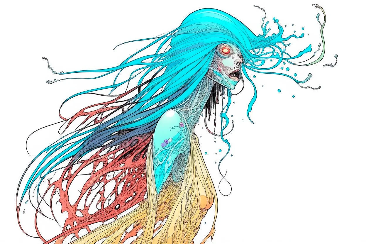 full color front facing full body illustration of a malevolent shape shifting female Funayurei water ghost with highly detailed facial features and translucent skin textures, in the style of Alex Pardee , Jean Giraud Moebius, and Katsushika Hokusai, highly detailed, boldly inked,