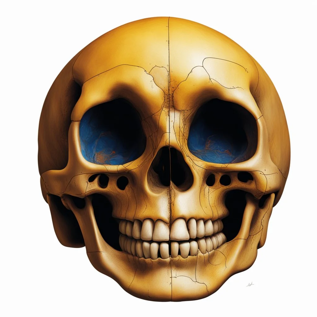 ANATOMICALLY CORRECT digital photograph of the SKULL OF A SMILEY FACE by davinci with fine line,