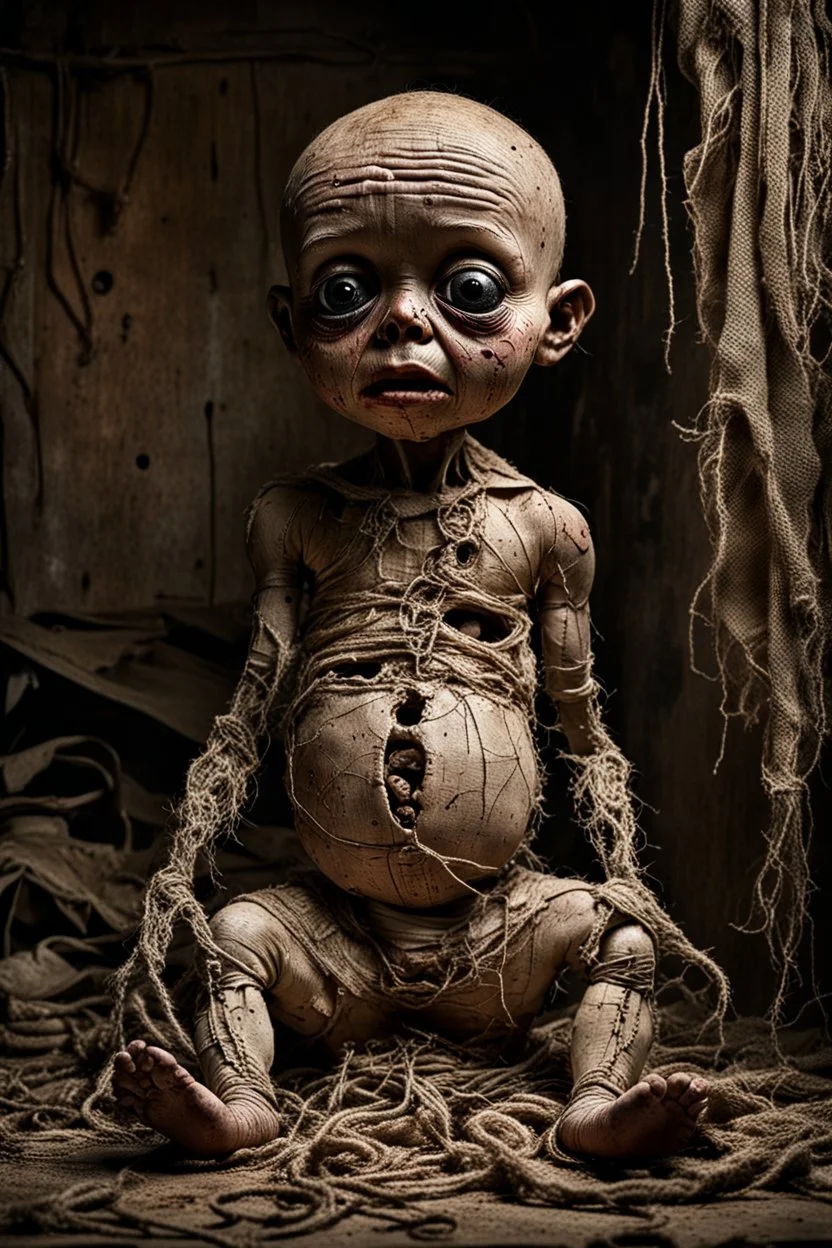 creepy sad baby, body made of dirty, holey burlap, burlap has a big head, one eye is hanging by a thread and there are stitches on the body and head. very thin with two arms and two legs, sitting in the corner of his dirty room in a dilapidated house, dimly lit, detailed, thriller, creepy stunning