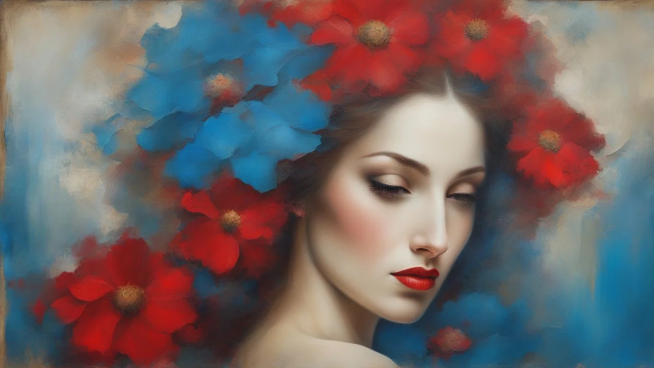 old painting, torn edges, blue, WOMAN, love, red heart, light, flower, double exposure, abstract surreal portrait, oil painting in impressionism, large strokes, airbrush effect, textured painting, antique style, vintage, semi-abstract, semi-realistic, surreal .