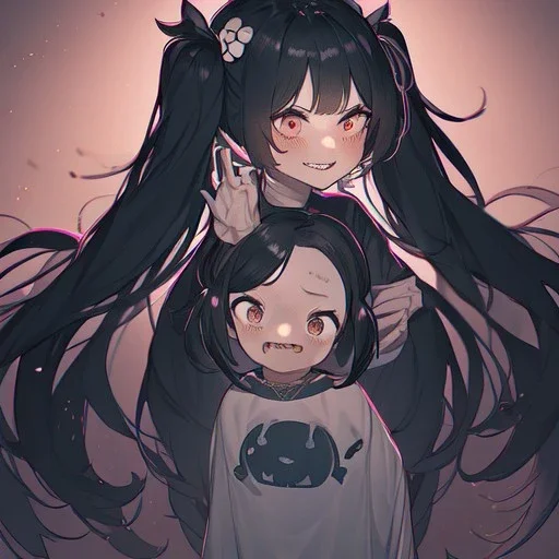 Clear focus, High resolution, rough line art, cute, cartoon, one side is a fluff cut, one side does not have hair but it does have one piece of hair that is medium length and sharp, both sides have medium length sharp locks on each side of her head, long twintails, smooth twintails, black hair, 1girl, (solo), grey eyes