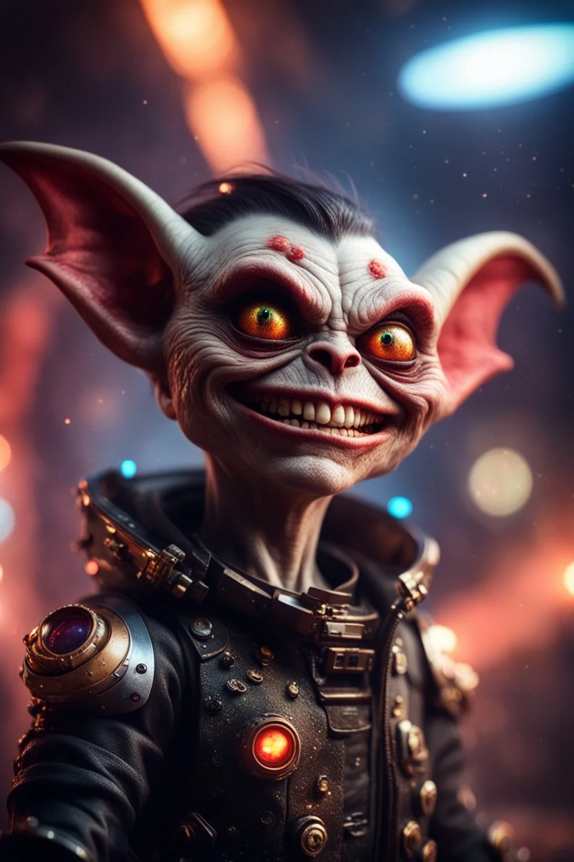 the most effective war paint, portrait of ultimate transcendent happy chat gremlin vampire space with spotlights, in front of space portal dimensional glittering device, bokeh like f/0.8, tilt-shift lens 8k, high detail, smooth render, down-light, unreal engine, prize winning