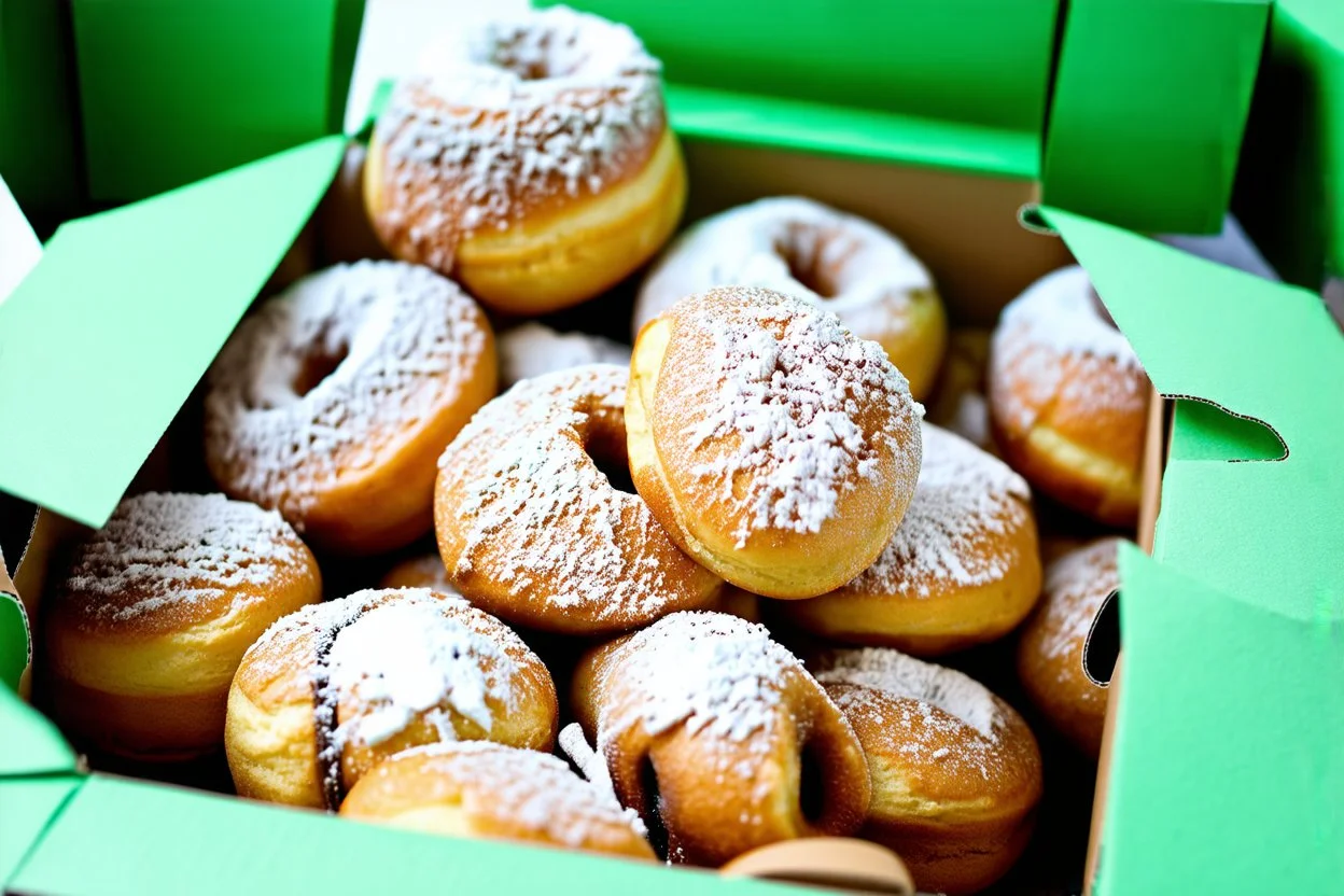 a box of fresh old-fashioned mini doughnuts completely covered in powdered sugar