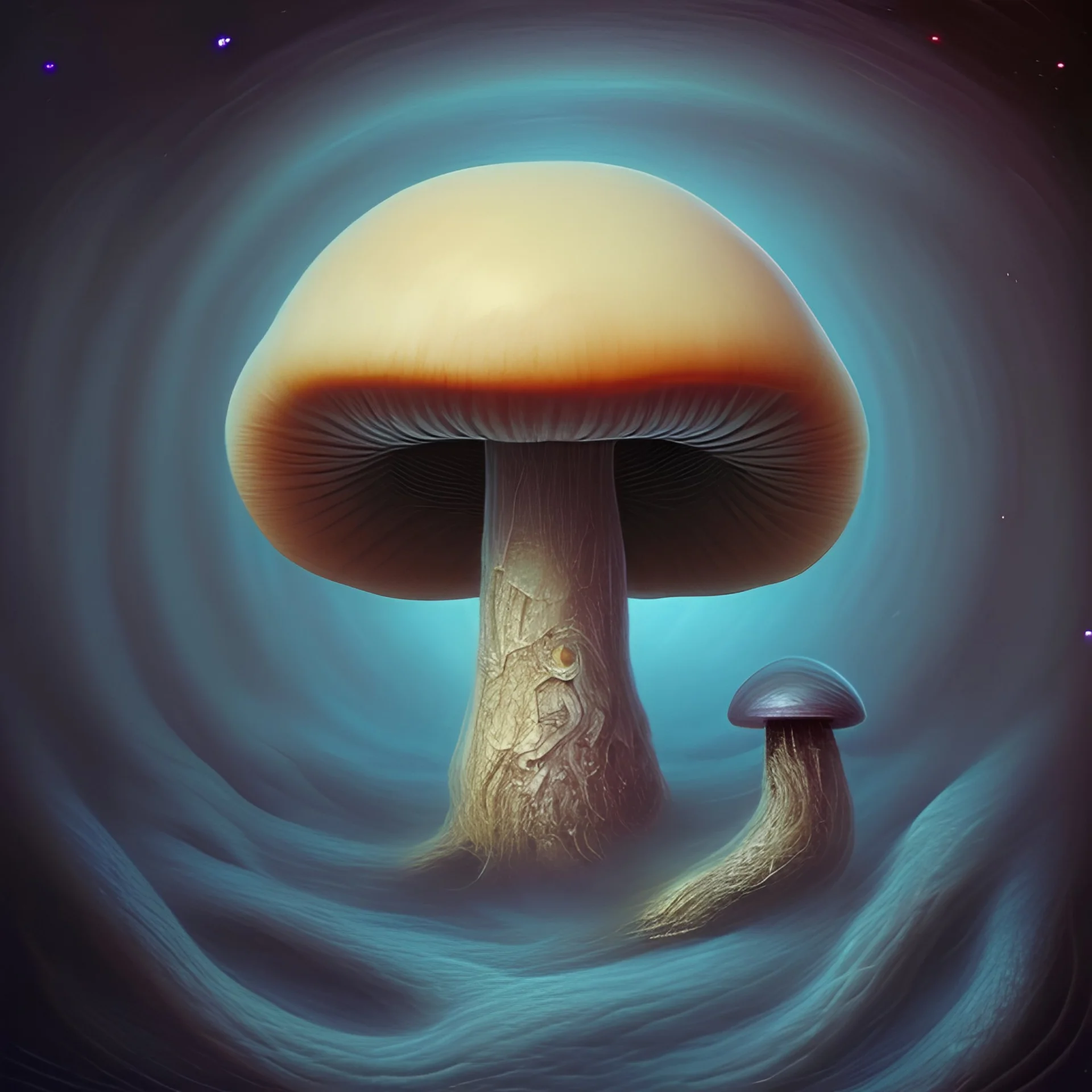 mushroom entity floating in a cosmic abyss, oil painting