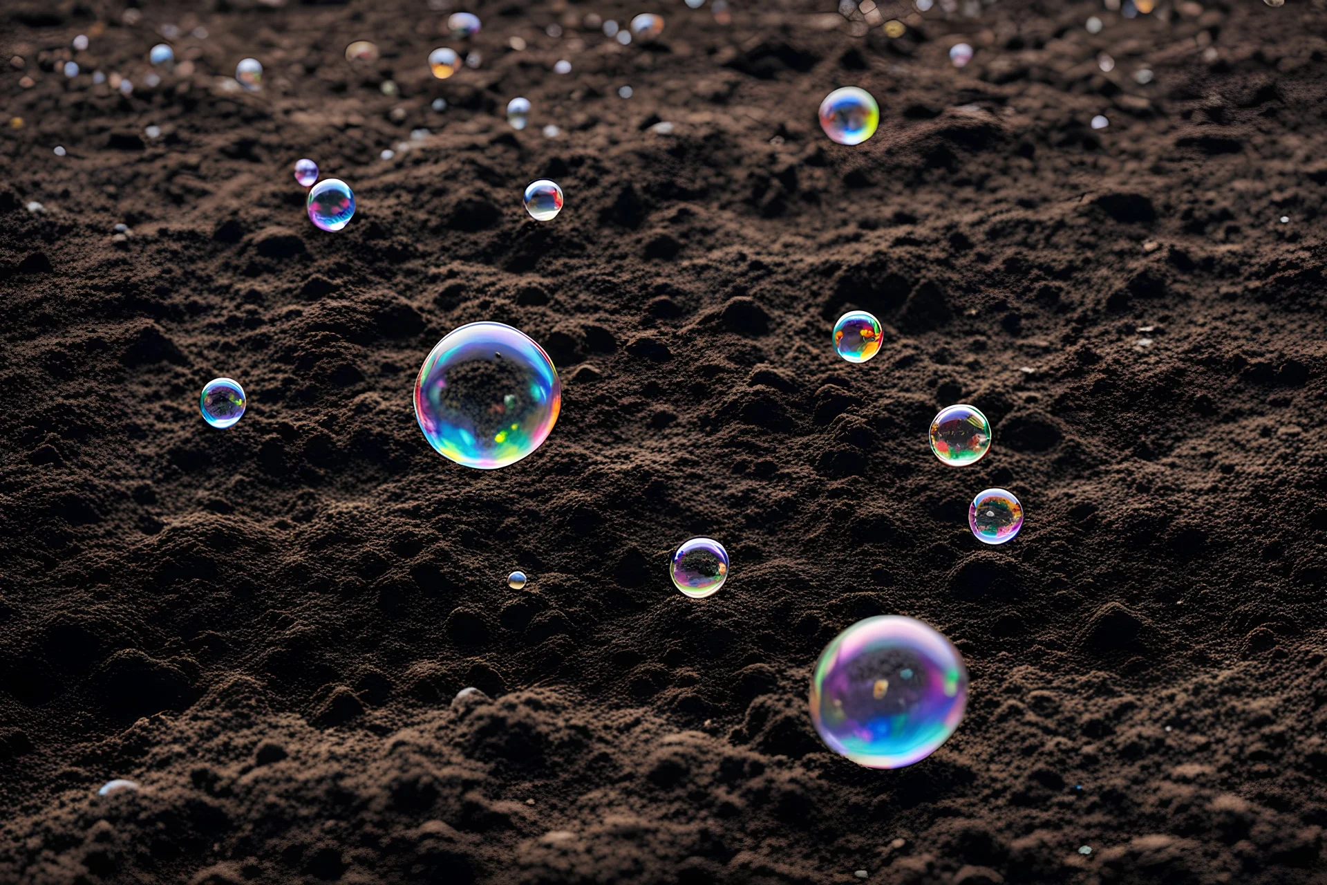 Several soap bubbles floating in the dark soil.