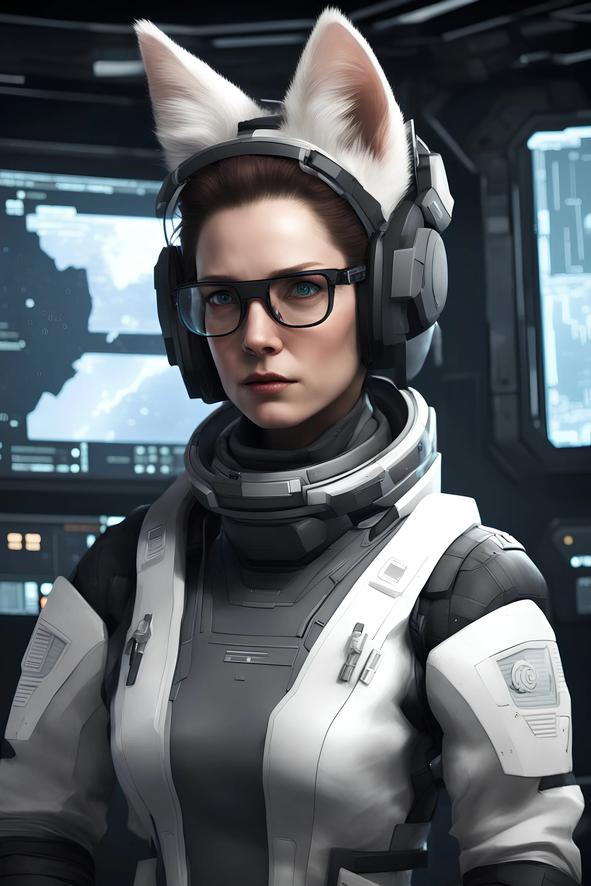 Scientist in Expedition suit, eve online style, no helmet, glasses, watching a data pad, has kitty ears, female