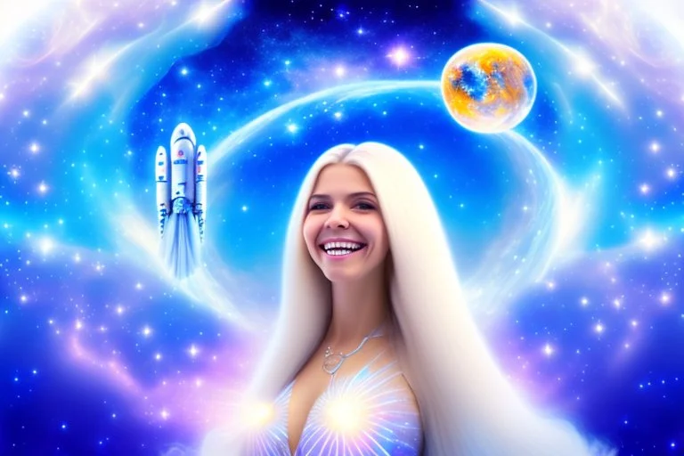 very beautiful cosmic women with white long hair, smiling, with cosmic dress and in the background there is a spaceship with light below and a bautiful sky with stars and light beam