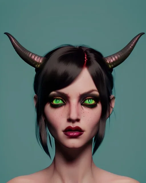 art of a short Succubus women with black ram horns and deep red hair and green eyes, soft lighting, complimentary pastel gradients, high definition, 3d icon clay render, blender 3d