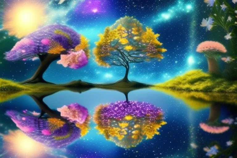 tree near the flowers, water reflection, galaxy, cosmos, science fiction, epic scene.