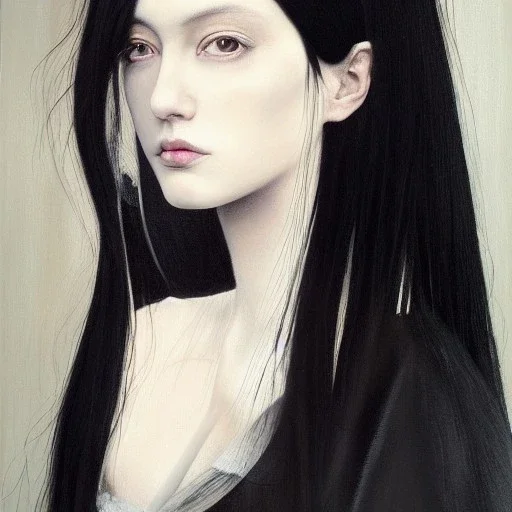 a painting of a woman with long black hair,an oil painting, painted by addition of overlapping layers of color,painting by Fumi Koike, glazing technique, hyper realistic painted long black hair ,very pale skin, intricate precise detail, inspired by Kris Knight, figurative art, in yoji shinkawa's art style, annoyed expression, looking directly at us,