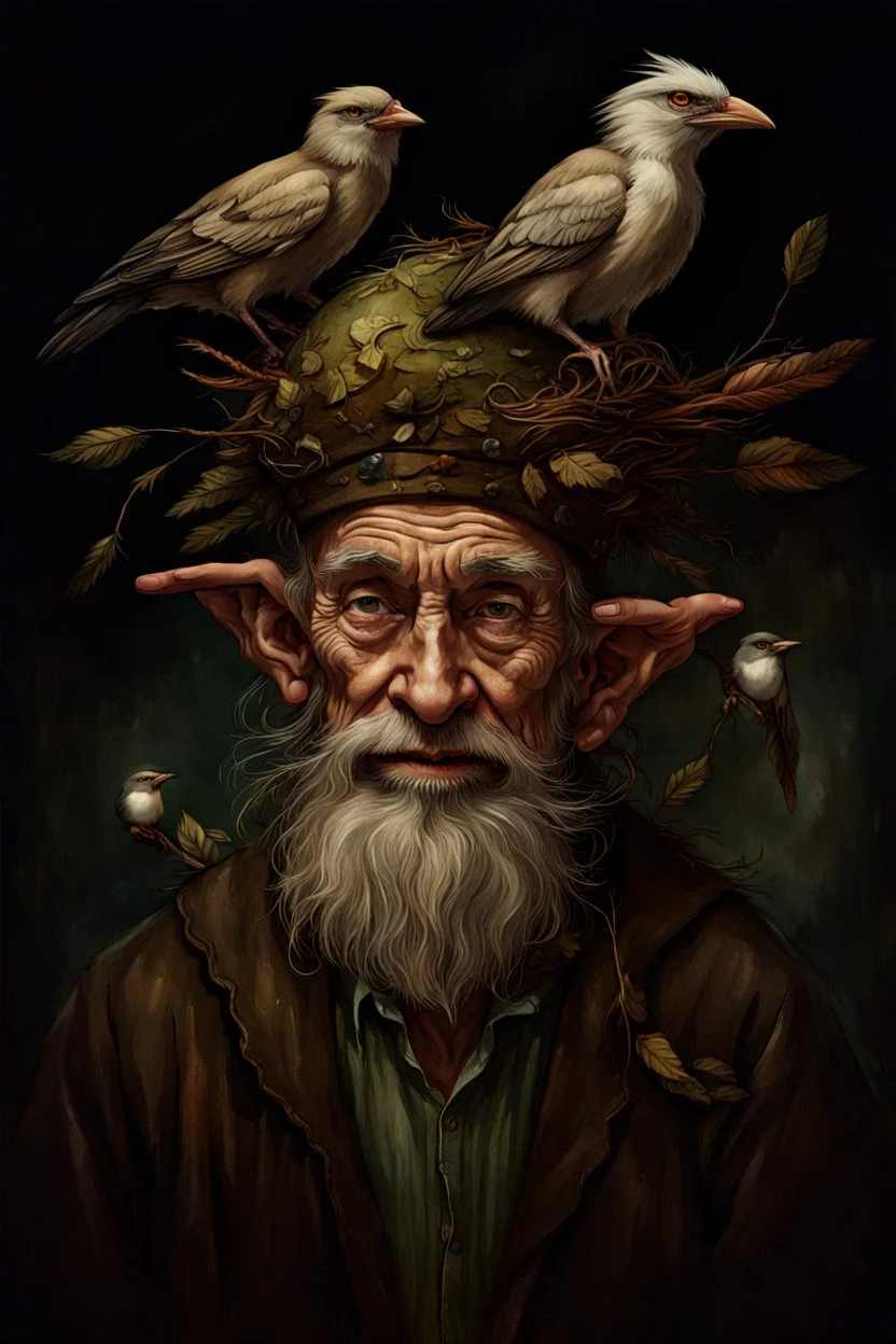 a painting of an old man with a bird on his head, a character portrait by Wendy Froud, cgsociety, fantasy art, storybook illustration, grotesque, detailed painting