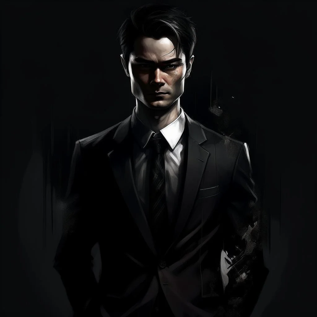 Dark haired man in suit, dark atmosphere digital art