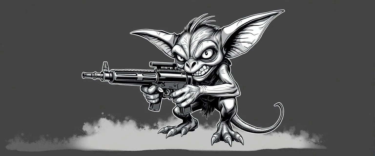 air brush 3d with pen outline, mongrel goblin gremlin holding uzi, charcoal border