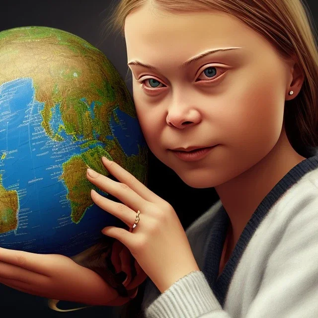 portrait of Greta Thunberg holding the world globe