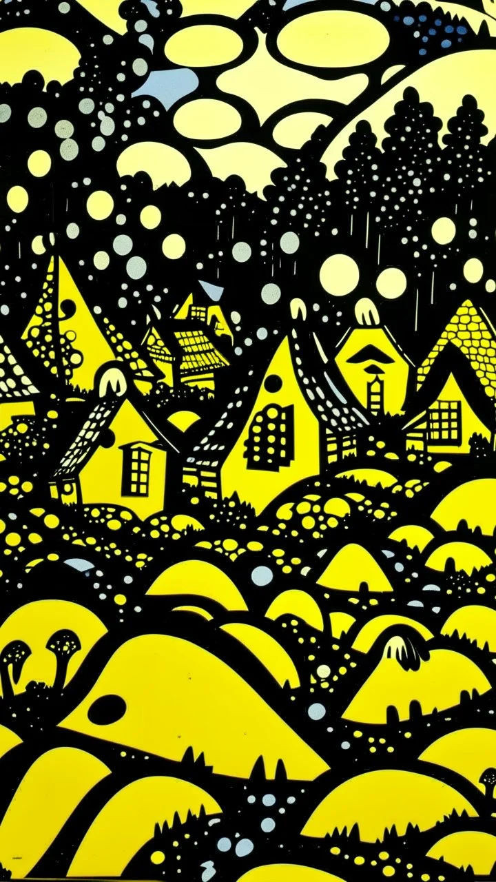A small yellow village with glowing mushrooms painted by Roy Lichtenstein