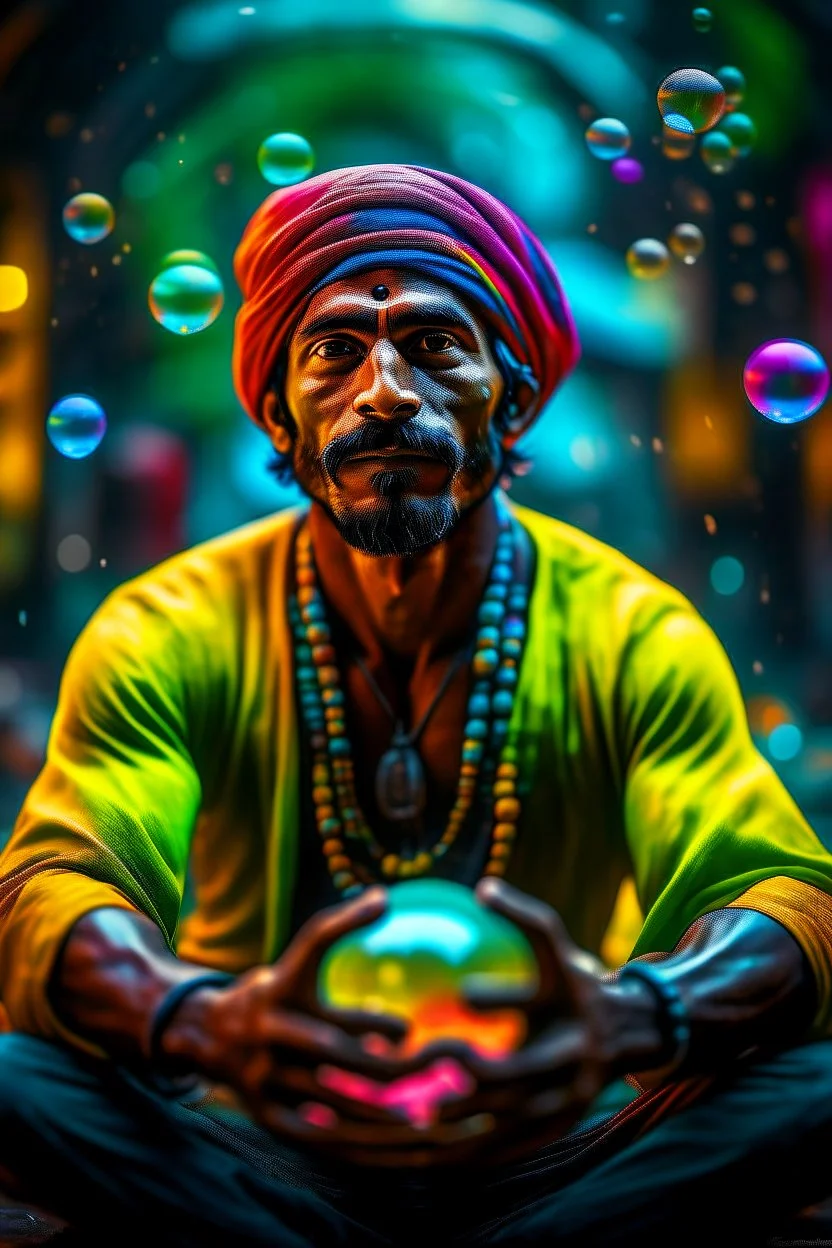 hyper real oil painting portrait of psychedelic yoga juggler from India in slimy bubbles and gelatinous background, zeiss prime lens, bokeh like f/0.8, tilt-shift lens 8k, high detail, smooth render, down-light, unreal engine, prize winning