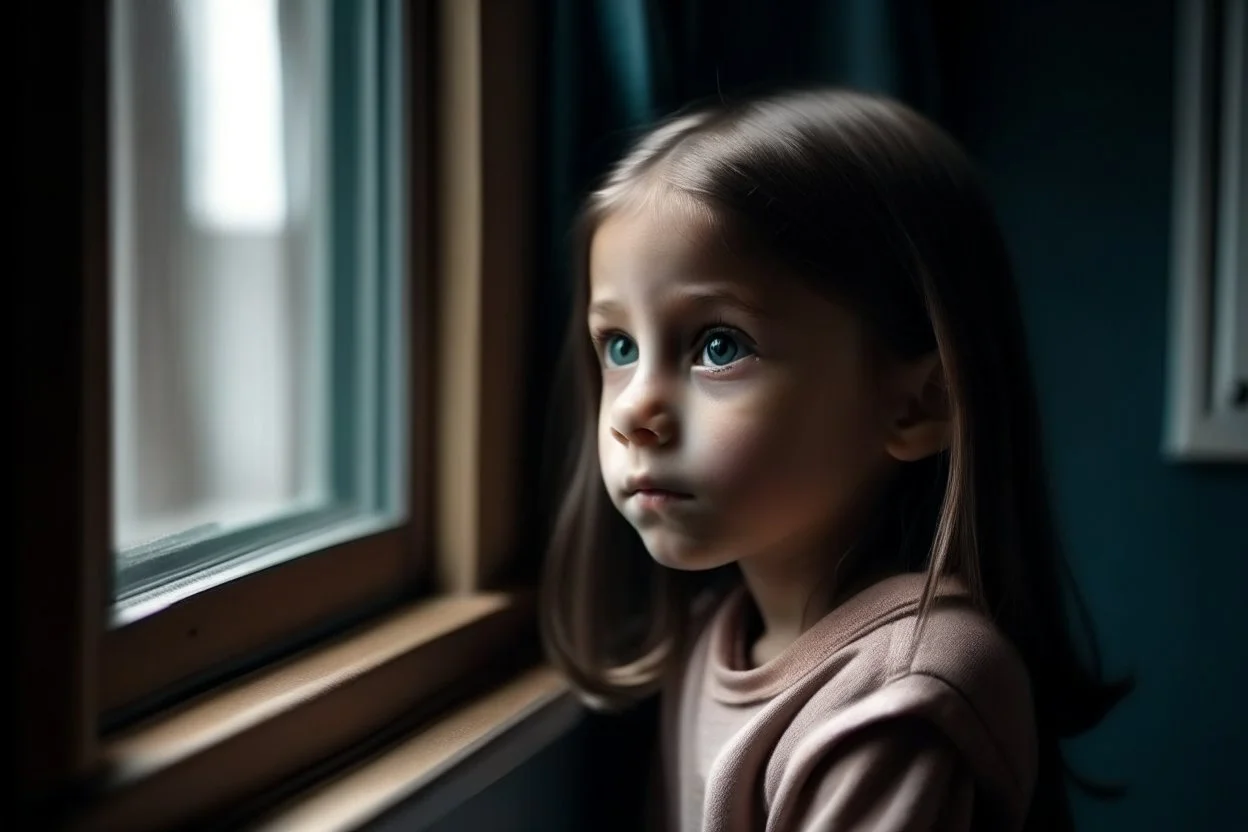 An eight-year-old girl looks out of a window inside the classroom, her hand is not visible