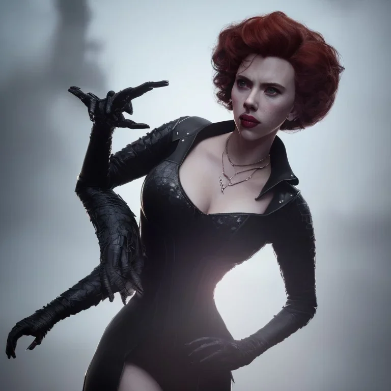 Scarlett Johansson as evil queen in black leather gown, cleavage, angry, stern look unreal 5, octane render,cinema4d, dynamic lighting, dramatic lighting, 4k, redshift render, highly detailed, hyper realistic, in space