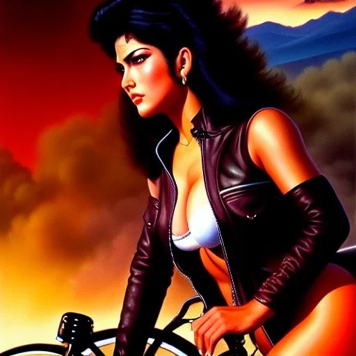 portrait of busty beautiful 'Female Rider on Shotaro Kaneda's Bike',painting by Earl Norem, simon Bisley, evan lee, 86-86, oil on canvas, cinematic composition, extreme detail,fit full head inside picture,8k