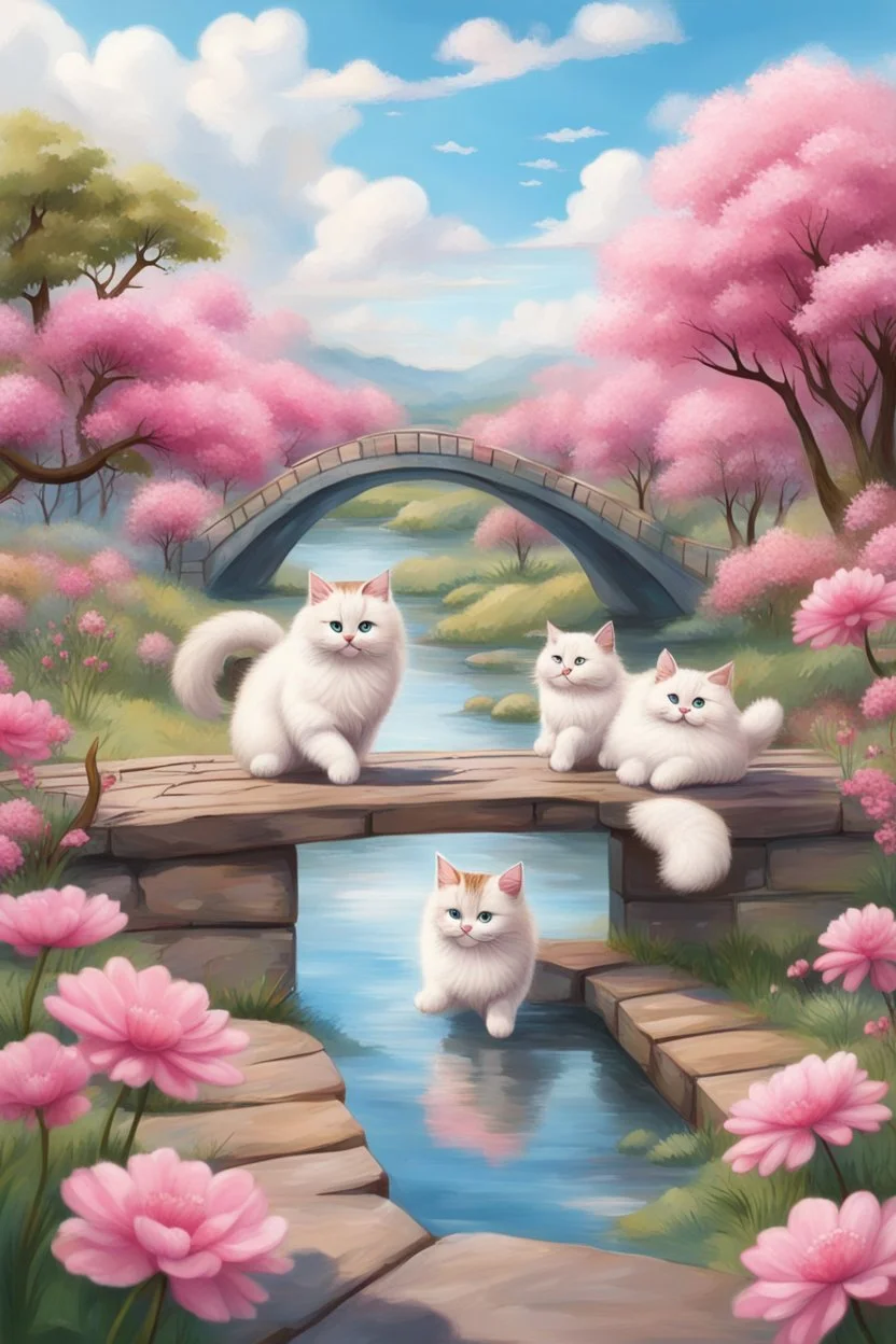 in the center: beautiful chunky cats dancing on a bridge , background: landscape, first plan: pink flowers and a small river with blue water, sky: white clouds with more cats sitting on them