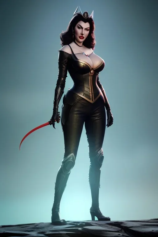 Ava Gardner as evil queen in black leather, busty, cleavage, curvy, angry, stern look. character design by cory loftis, fenghua zhong, ryohei hase, ismail inceoglu and ruan jia. unreal engine 5, artistic lighting, highly detailed, photorealistic, fantasy