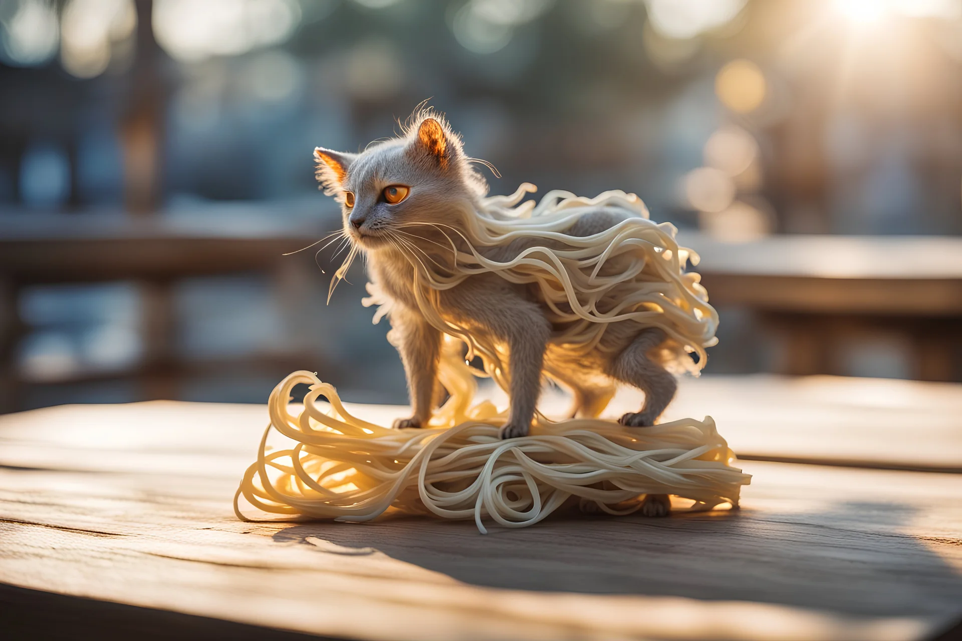 Double exposure, merged layers, Little sculpture of an italian pasta creature made with concrete and driftwood and mother-of-pearl and low voltage filament lit, golden patina, in sunshine, corrosion, heart and love, A beautiful little manul catches the pasta while standing on a wooden table in sunshine, ethereal, cinematic postprocessing, bokeh, dof