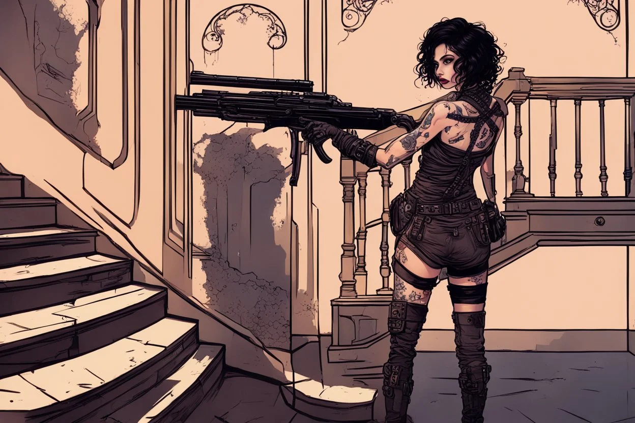 scarred cyberpunk vampire girl with tribal tattoos short curly dark cyberpunk hair descending the staircase in decaying gothic mansion with double barreled shotgun in hand at dawn