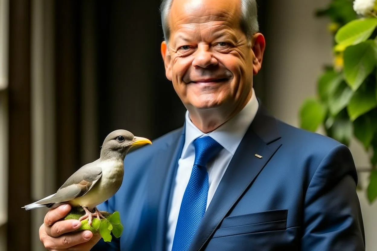 chancellor Olaf Scholz next to a dove, holding an olive branch