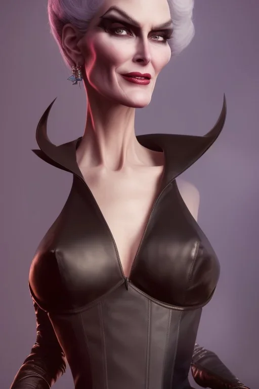 Carmen Dell`orifice as evil queen in black leather, leather, busty, cleavage, angry, stern look. character design by cory loftis, fenghua zhong, ryohei hase, ismail inceoglu and ruan jia. unreal engine 5, artistic lighting, highly detailed, photorealistic, fantasy