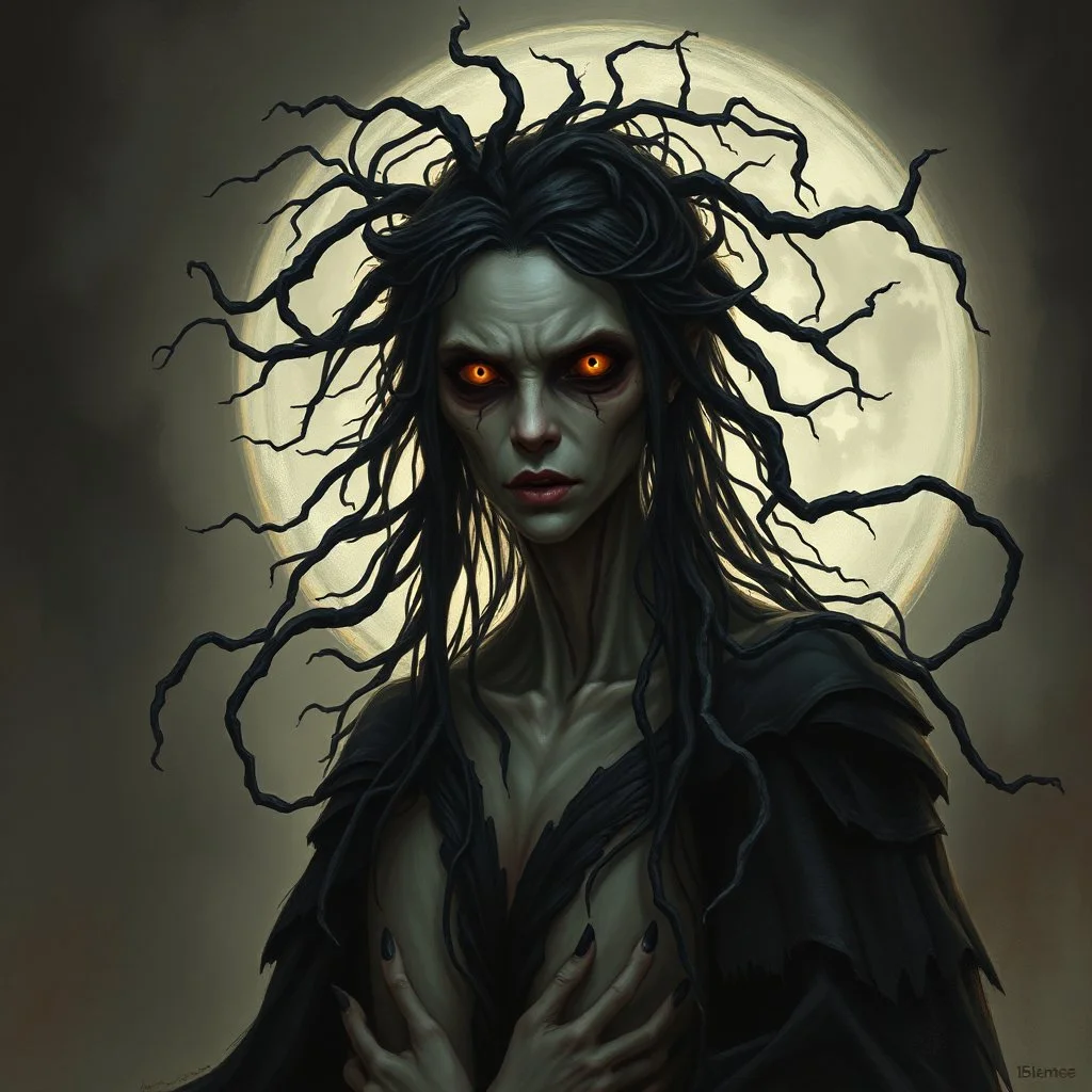 The witch, Lorissa Nightshade, appears—a gaunt, pale woman with hollow eyes and wreathed in shadowy tendrils. Grimdark realistic