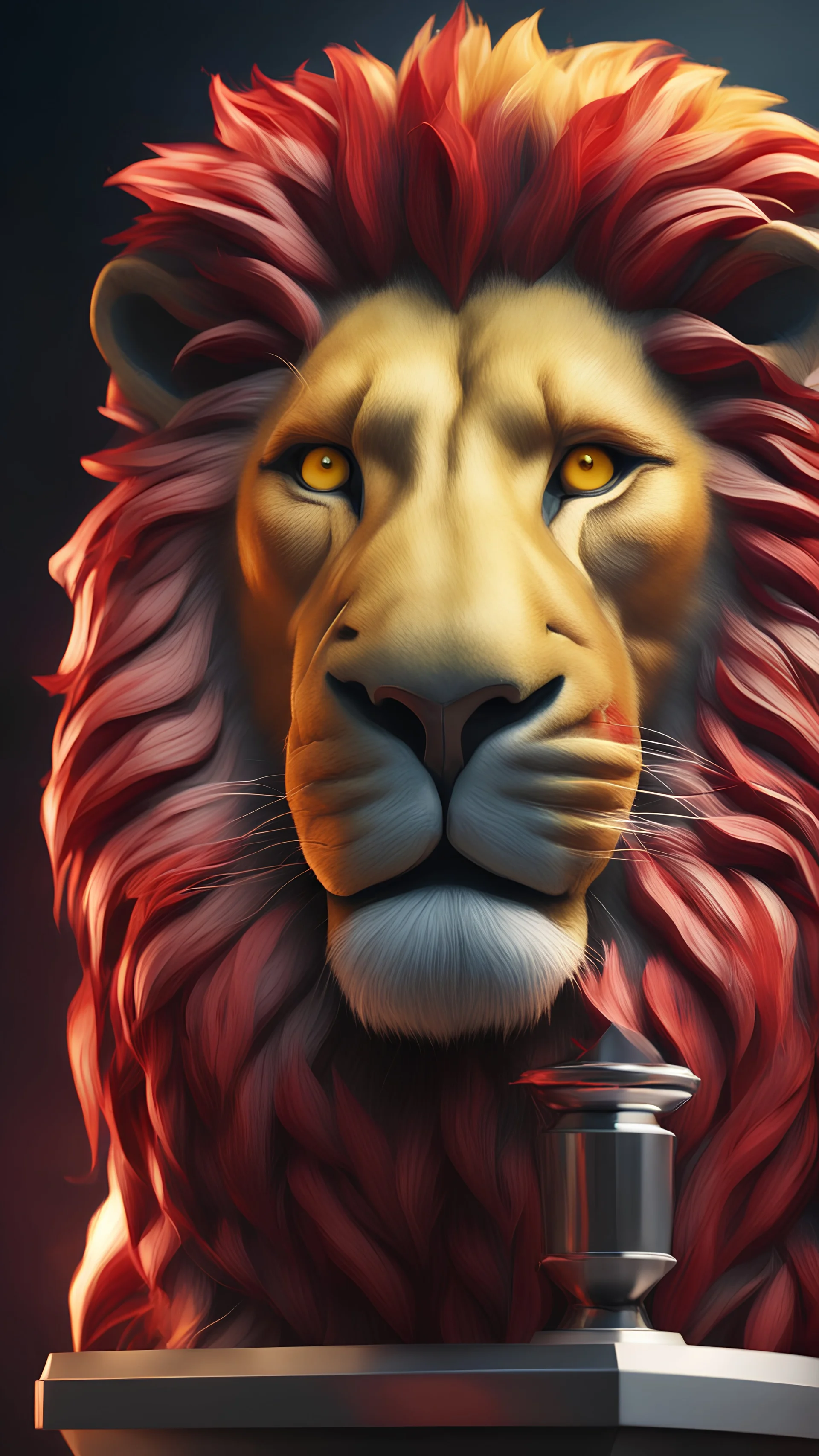 Creating a lion face made of yellow and red colors. At the same time, put the championship trophy next to it, centered on the screen, realistic 4k, cinematic,